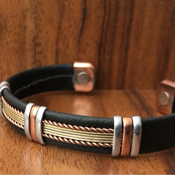 Two Tone Leather Wrapped Pure Copper Magnetic Bracelet Energy Cuff Bangle - Picture 5 of 5